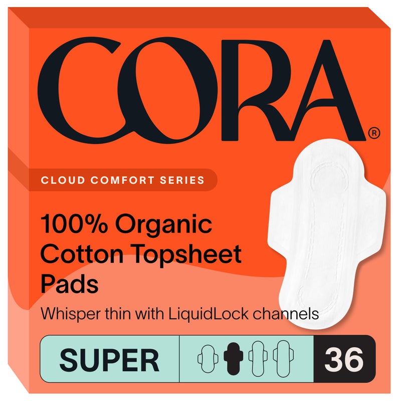 Cora 100 Organic Cotton Topsheet Pads Ultra Thin Period Pad with Wings Super Absorbency UltraAbsorbent Sanitary Pads for Women 36 Count - Image 1